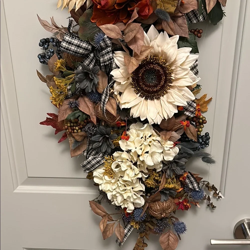 Primitive FarmhouseDoor Wreath Blue Cream Elegant Florals Custom Final Sale